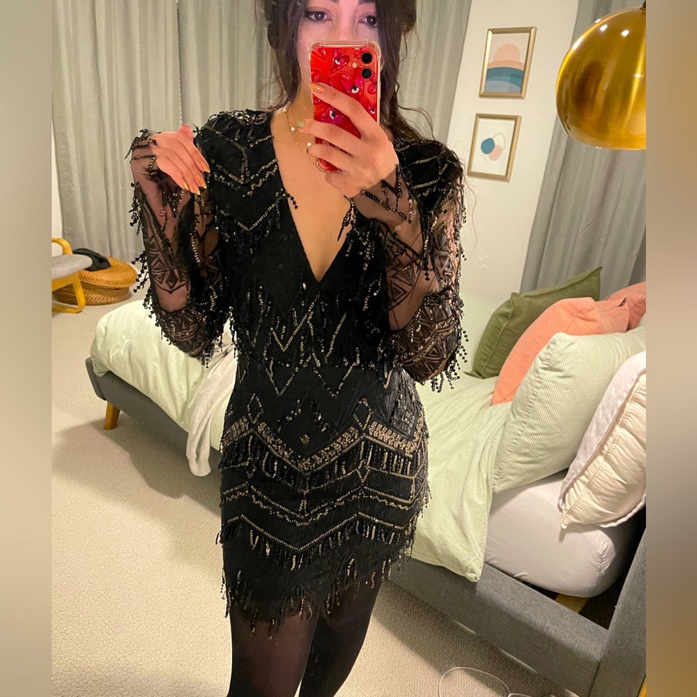 Revolve Superdown Black Fringe Sequin Dress